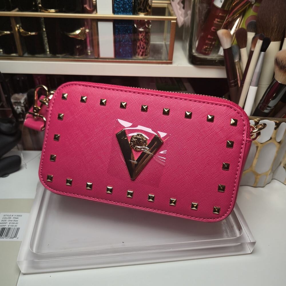 NWT Valentino Orlandi Pink Double Zip Cross body Camera Bag Logo Strap RV $159